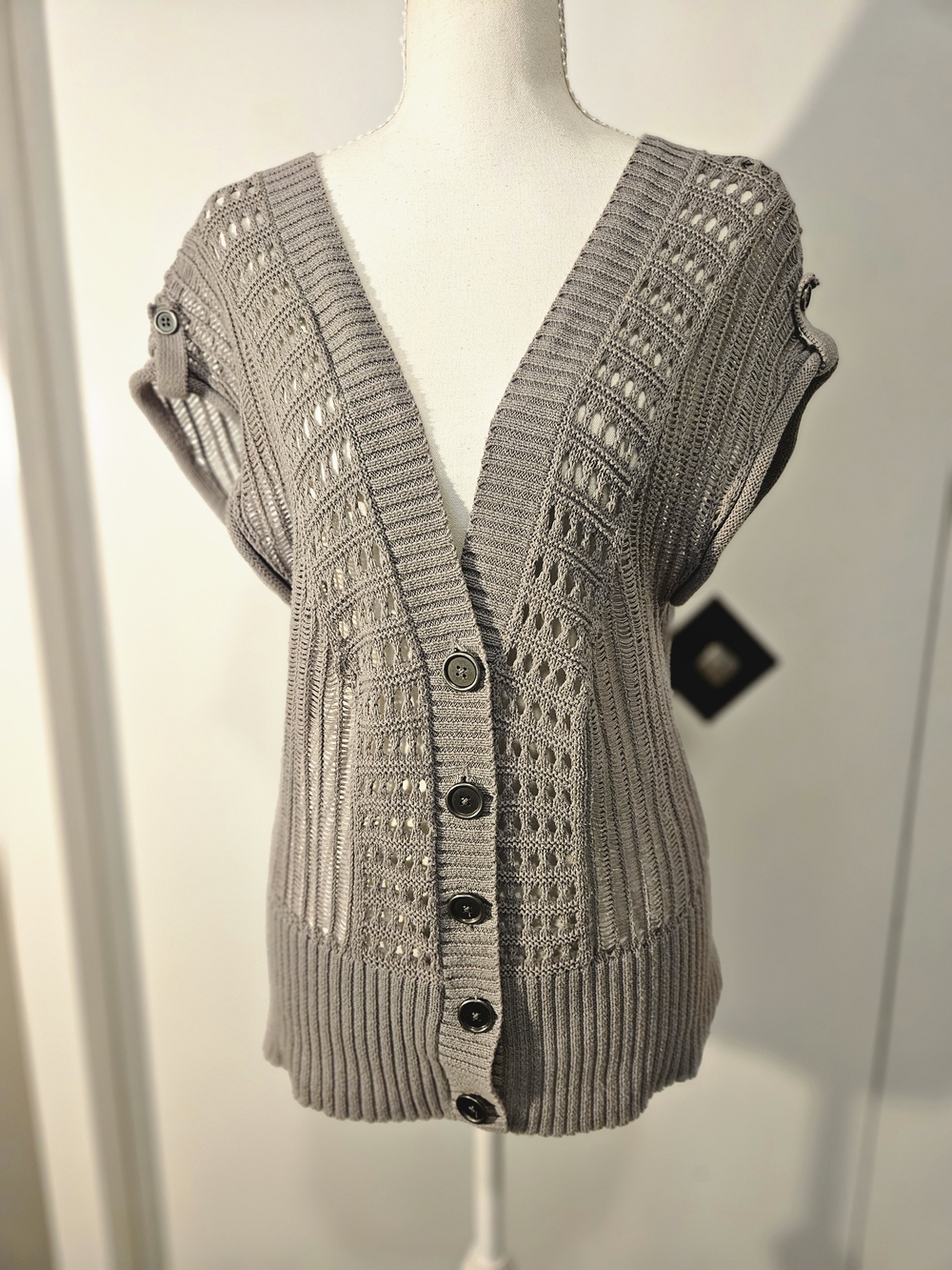 100% Cotton Mudd Light Taupe Open-Knit Button Front Short Sleeve Cardigan